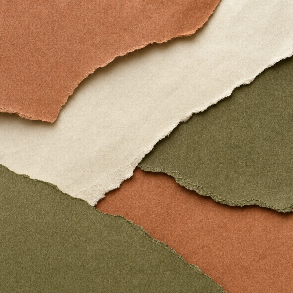 Layered torn paper shapes in earthy green, cream, and orange tones.