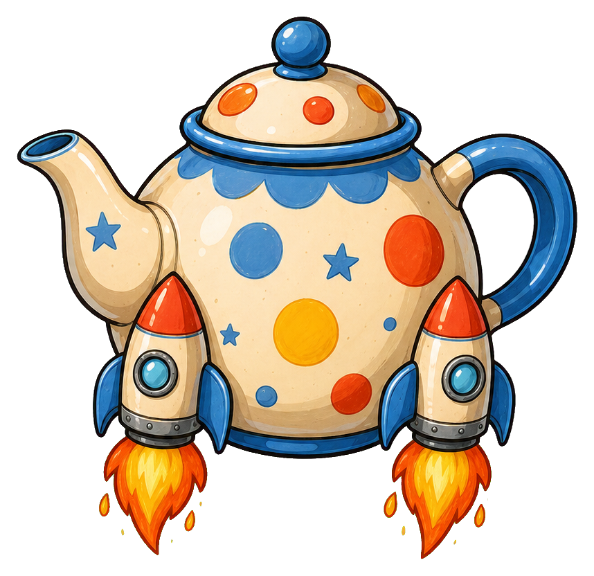 A polka dot teapot with rocket boosters and flames lifting off