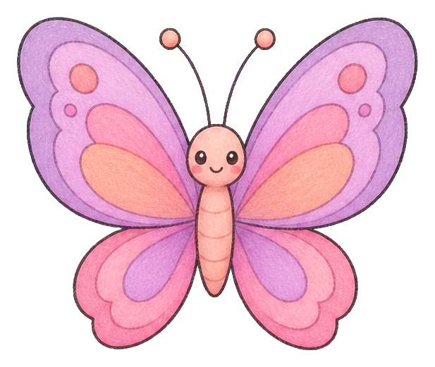Cute pink and purple butterfly with a smiling face and pastel wings.