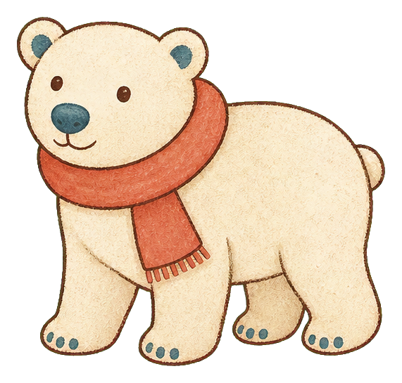 Cream polar bear wearing a coral scarf standing in a cozy winter style