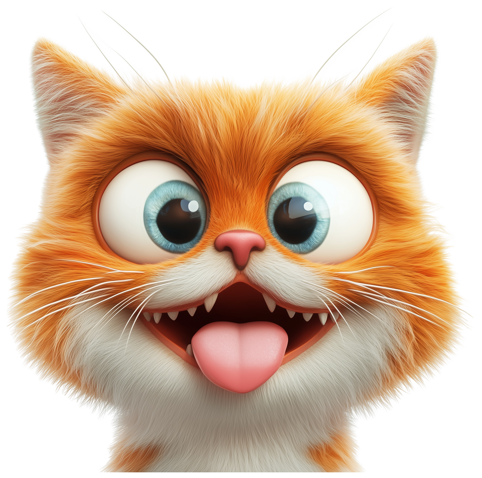Orange and white cartoon cat sticker with big eyes, open mouth, and tongue out.