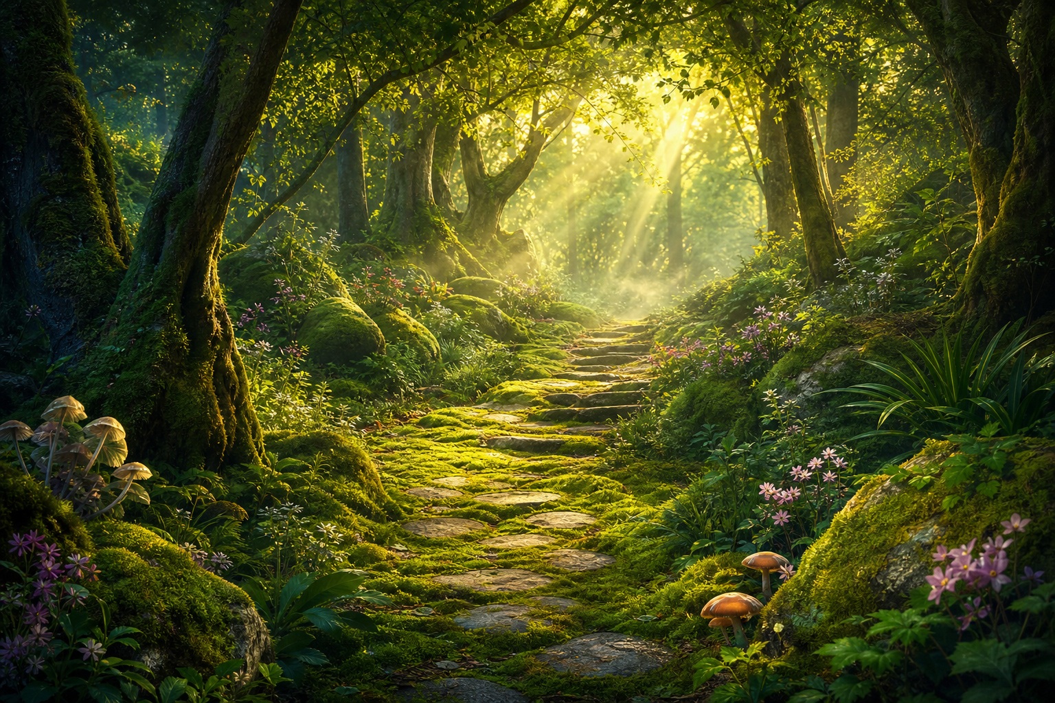 Sunlit mossy path winding through an enchanted forest with tall trees and glowing greenery