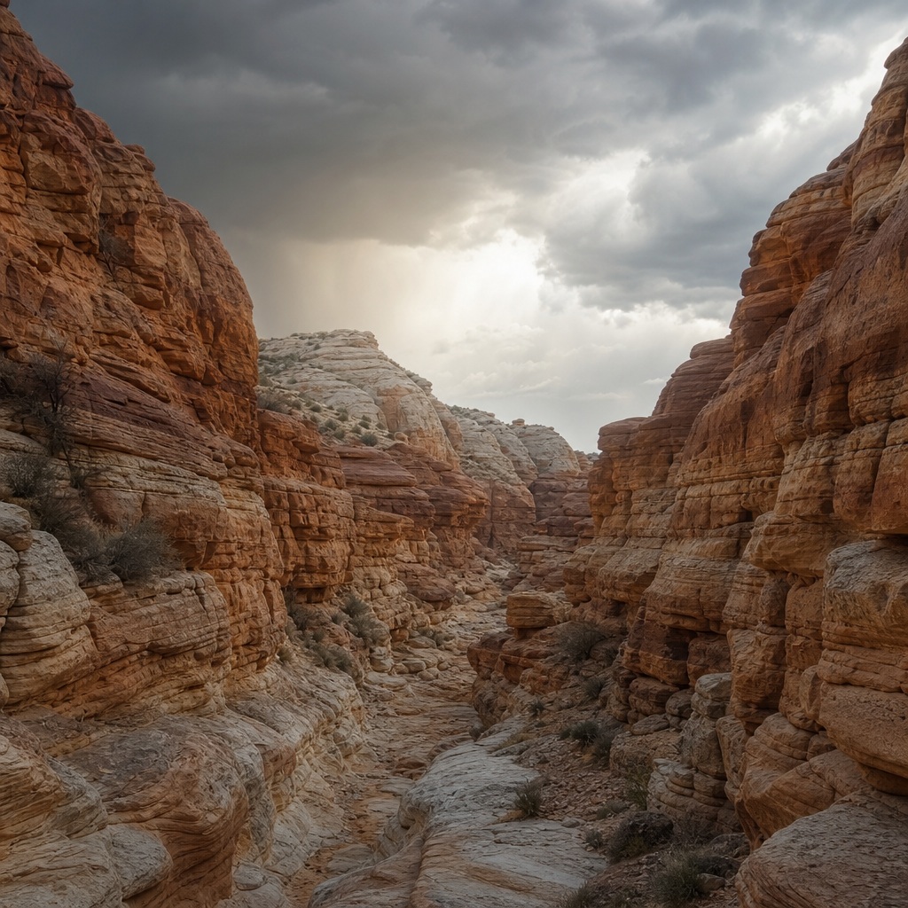 Narrow sandstone canyon with layered red rock walls under clearing storm clouds.