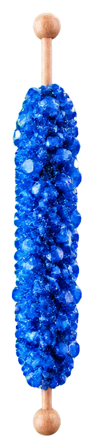 A vertical blue rock candy stick with textured crystal candy on a wooden skewer