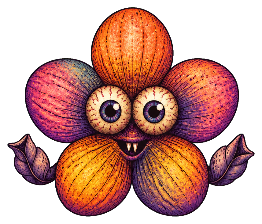 Cute spooky monster with eyeball faces and orange flower petals