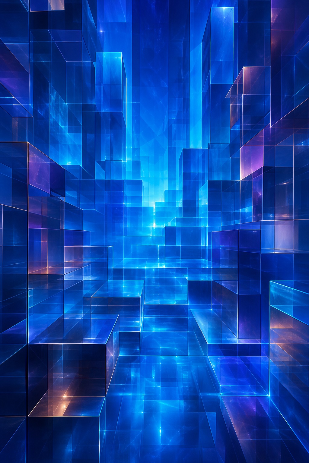 Glowing blue square prism shapes forming a futuristic abstract tunnel.
