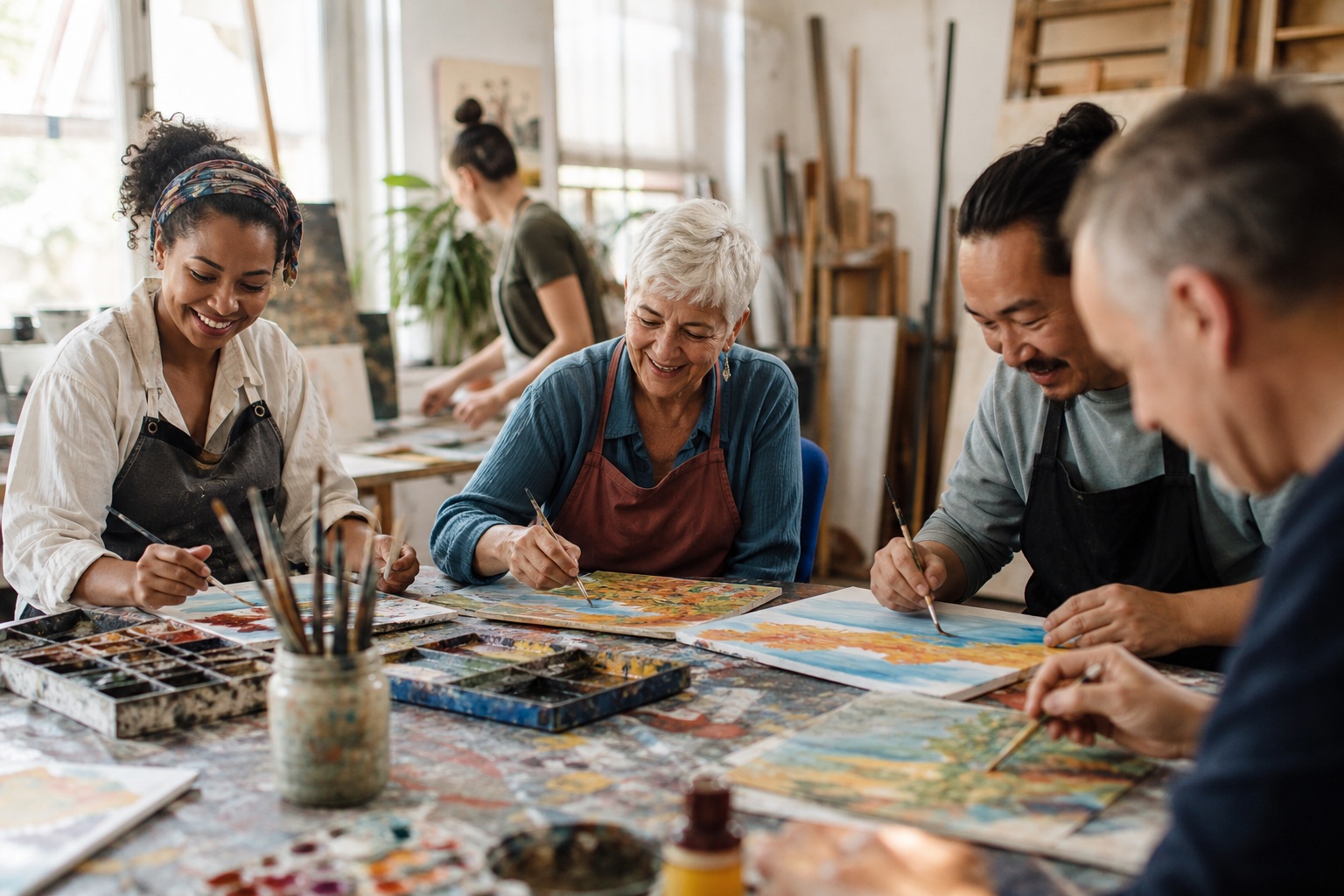 Group of people gathered around a table working on a creative workshop project.