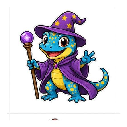 Cute cartoon lizard wearing a wizard hat and cape with a magic staff.