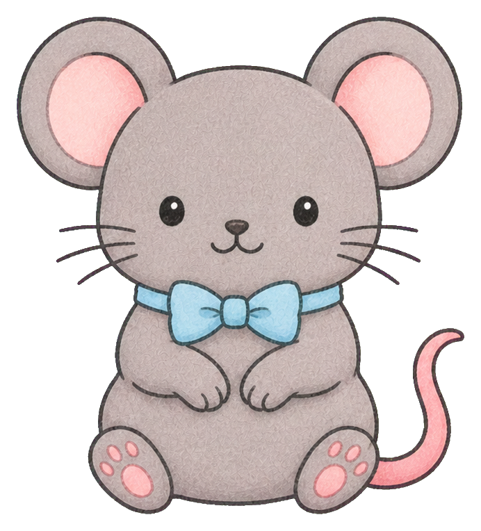 Cute gray mouse sticker with pink ears, blue bow tie, and a curled tail