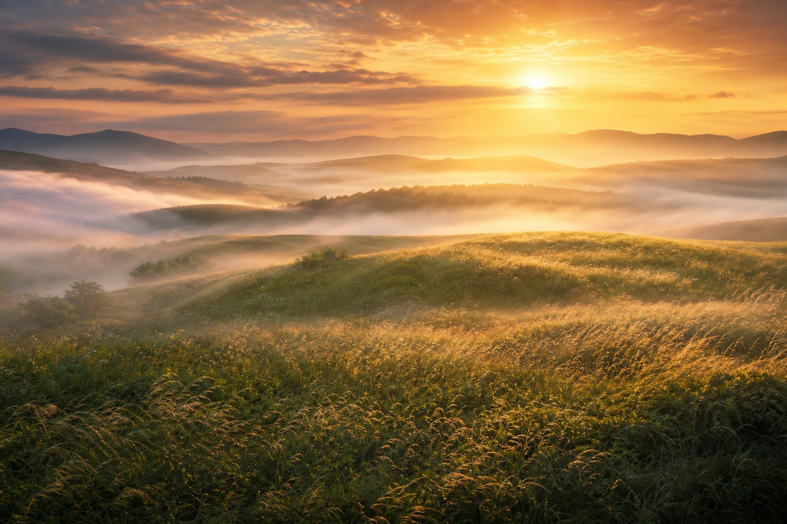 Sunrise over a foggy meadow with rolling hills and golden morning light