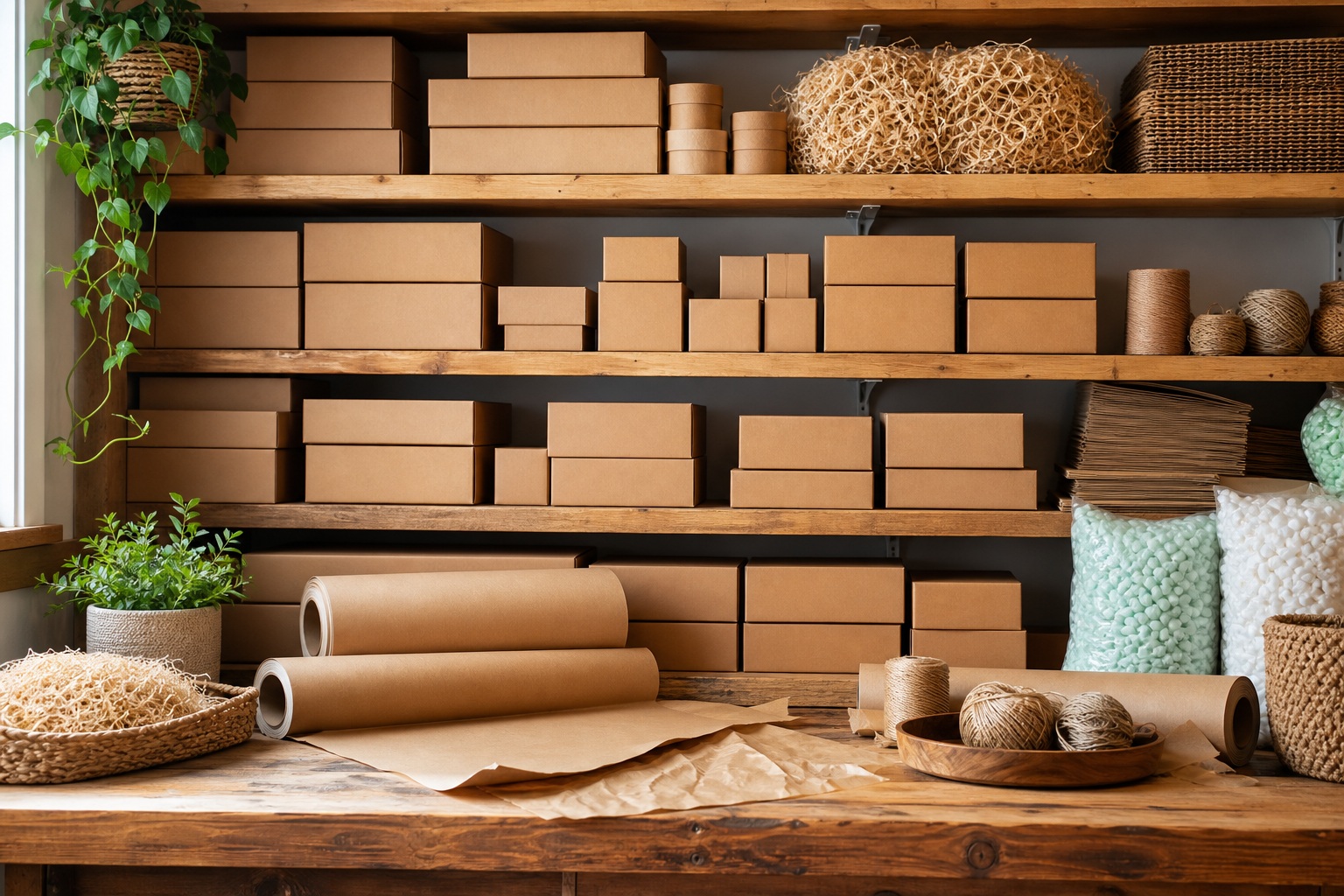 Cardboard boxes stacked on shelves behind a packing table with rolls and supplies.