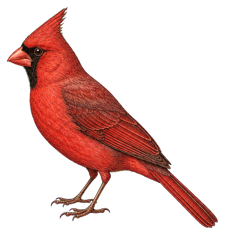 Red vintage bird illustration standing in profile on a plain background.