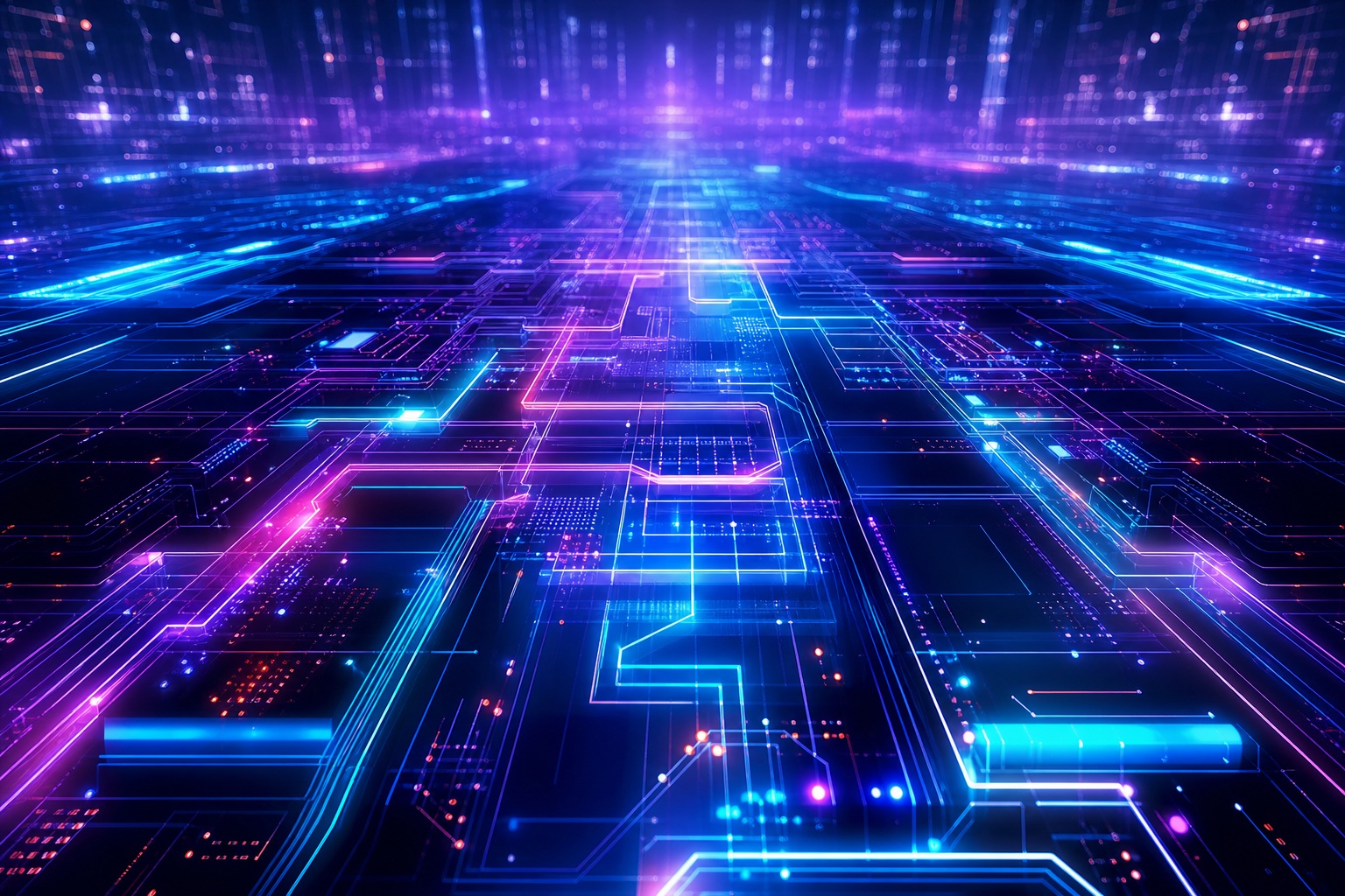 Glowing neon grid lines and holographic circuit paths in blue and pink