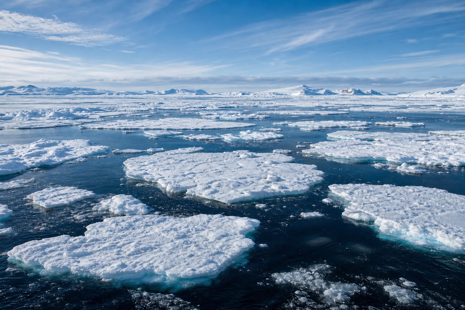 Floating sea ice floes on a frozen ocean under a bright blue sky.