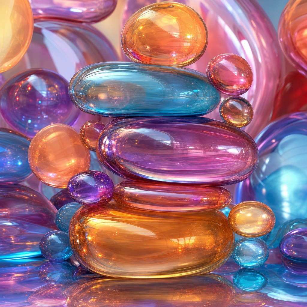 Colorful glossy glass-like bubbles and rounded abstract shapes in a bright 3D render