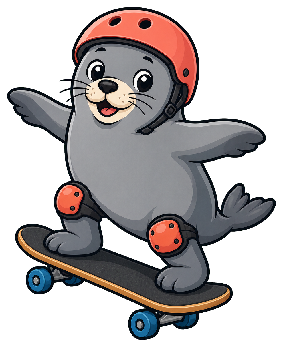 Cute seal wearing a helmet and riding a skateboard with arms outstretched.