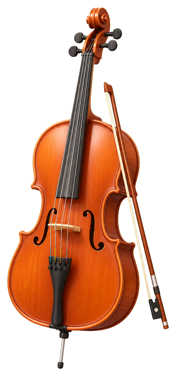 A realistic orange-brown cello with a bow beside it on a transparent background.
