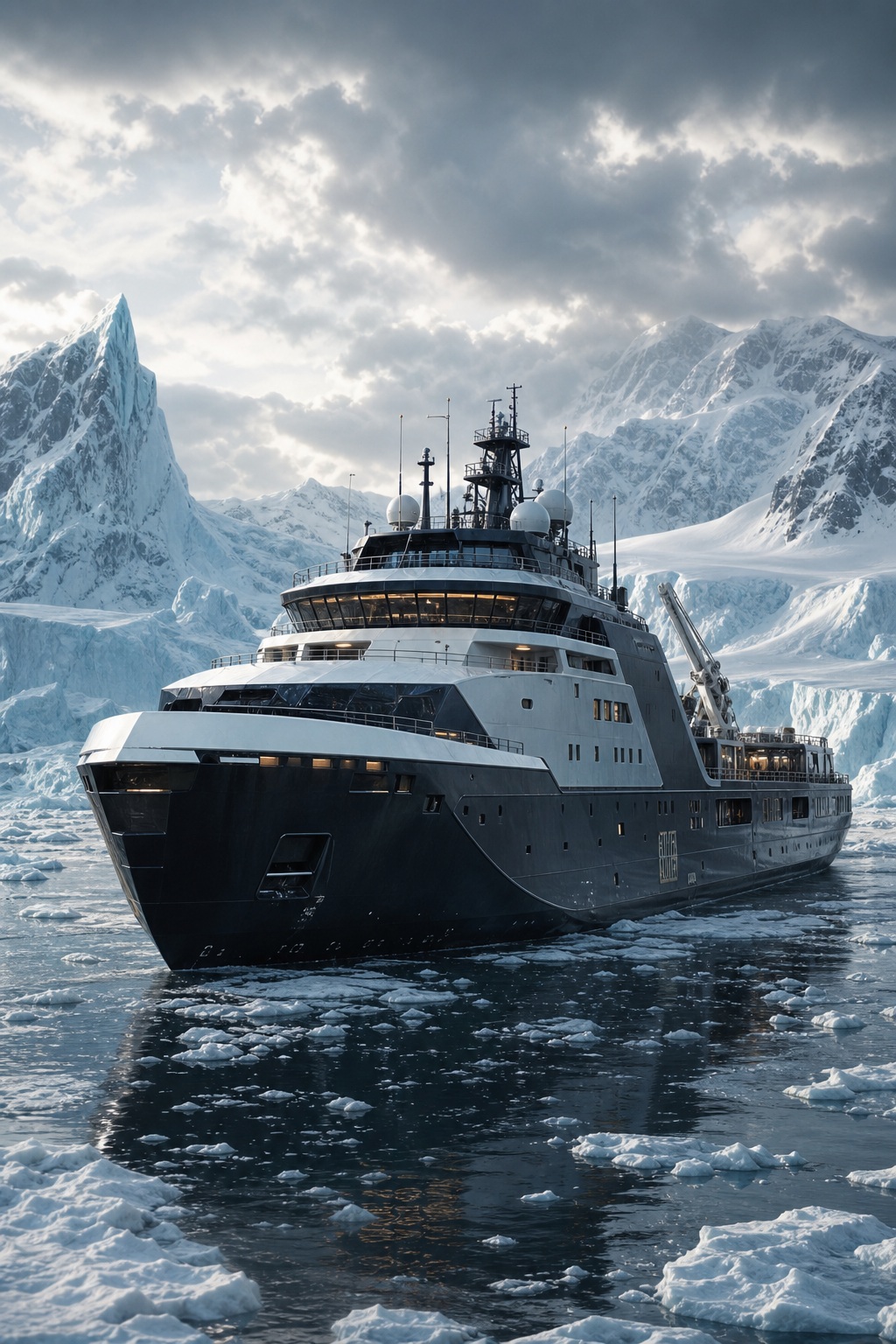 Large icebreaker ship moving through icy water with mountains and clouds behind it
