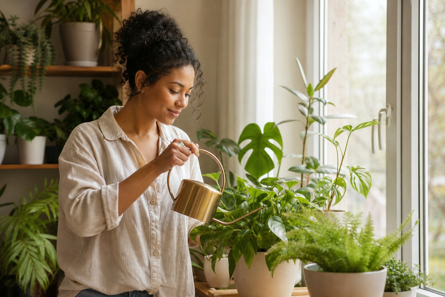 Woman watering potted houseplants in a bright, calm home interior