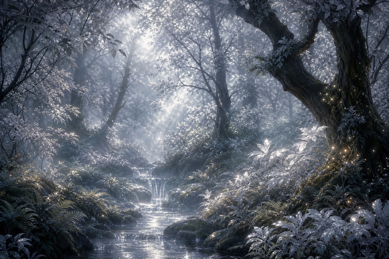 Misty enchanted forest with tall trees, a winding stream, and soft silver light beams