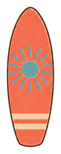 Coral surfboard with a dusty blue sunburst and cream stripes