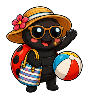 Cute ladybug wearing a sun hat and sunglasses beside a beach ball and striped bag.