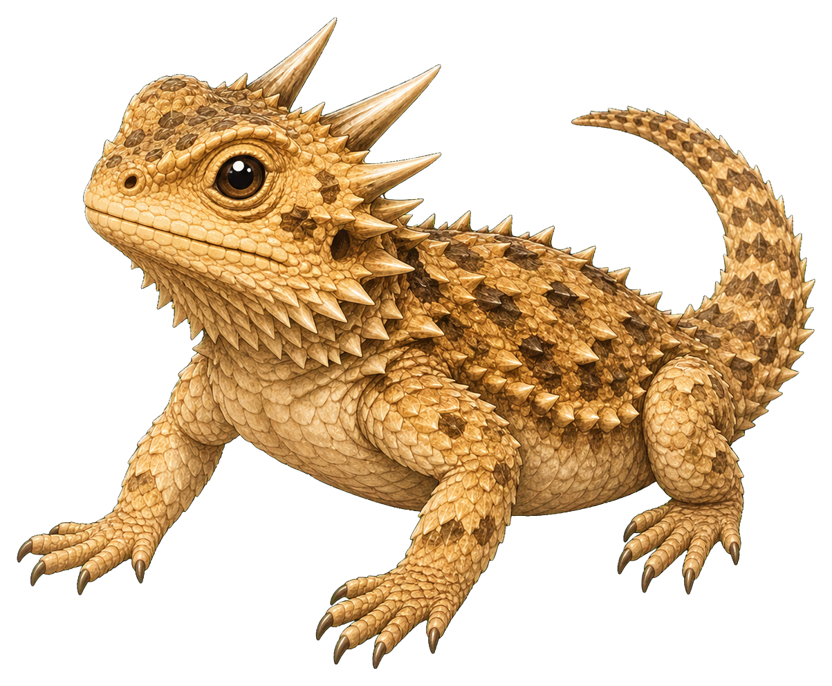 Tan horned lizard sticker with a spiky body and curled tail.