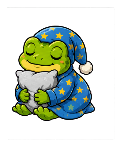 Sleepy green frog wearing a blue starry nightcap and hugging a dark pillow.