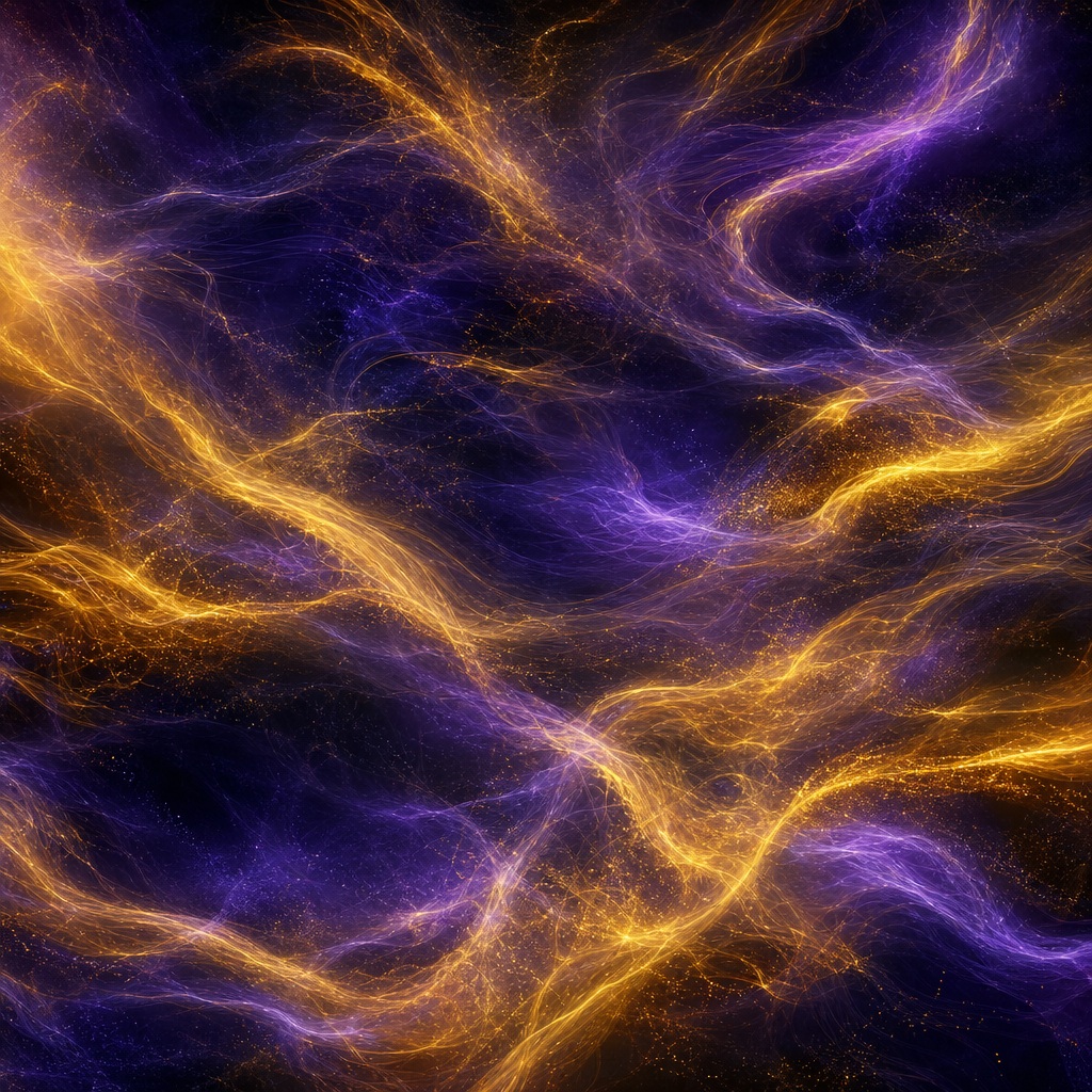 Abstract gold and indigo light trails flowing across a dark background.