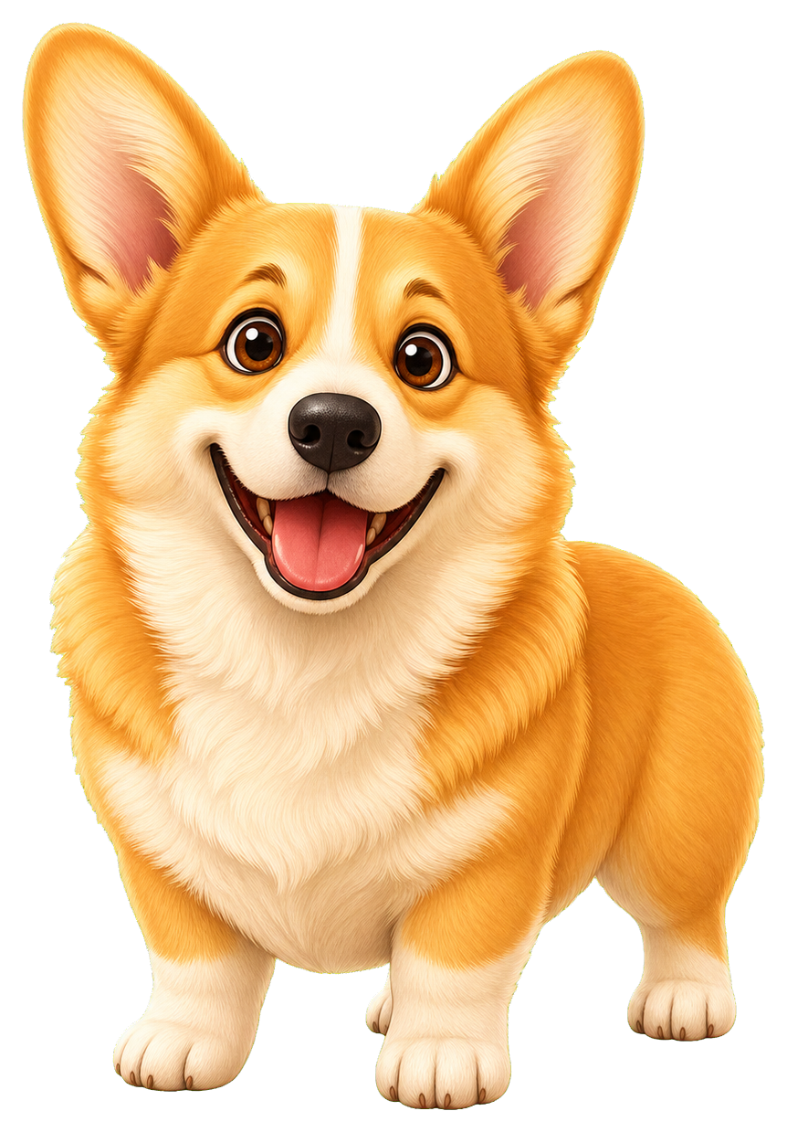 Smiling corgi standing front-facing with ears up and mouth open