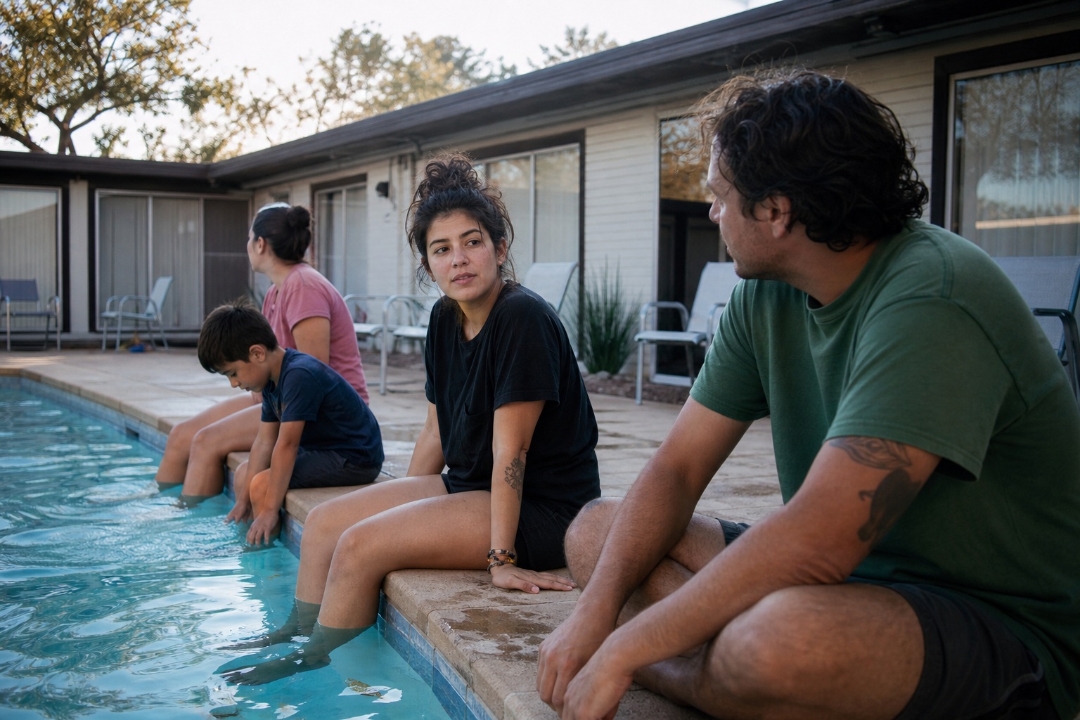 Three people sitting on a motel pool edge beside a summer road trip scene.