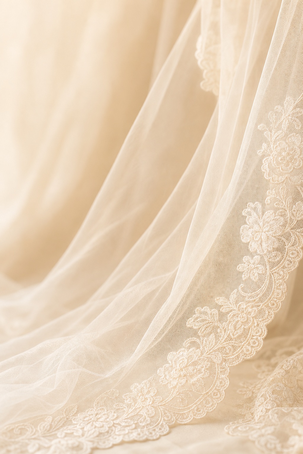 Soft cream wedding veil with delicate lace trim in vertical view