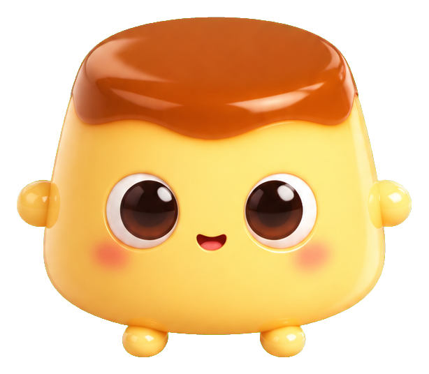Cute caramel pudding blob with big eyes and a smiling face