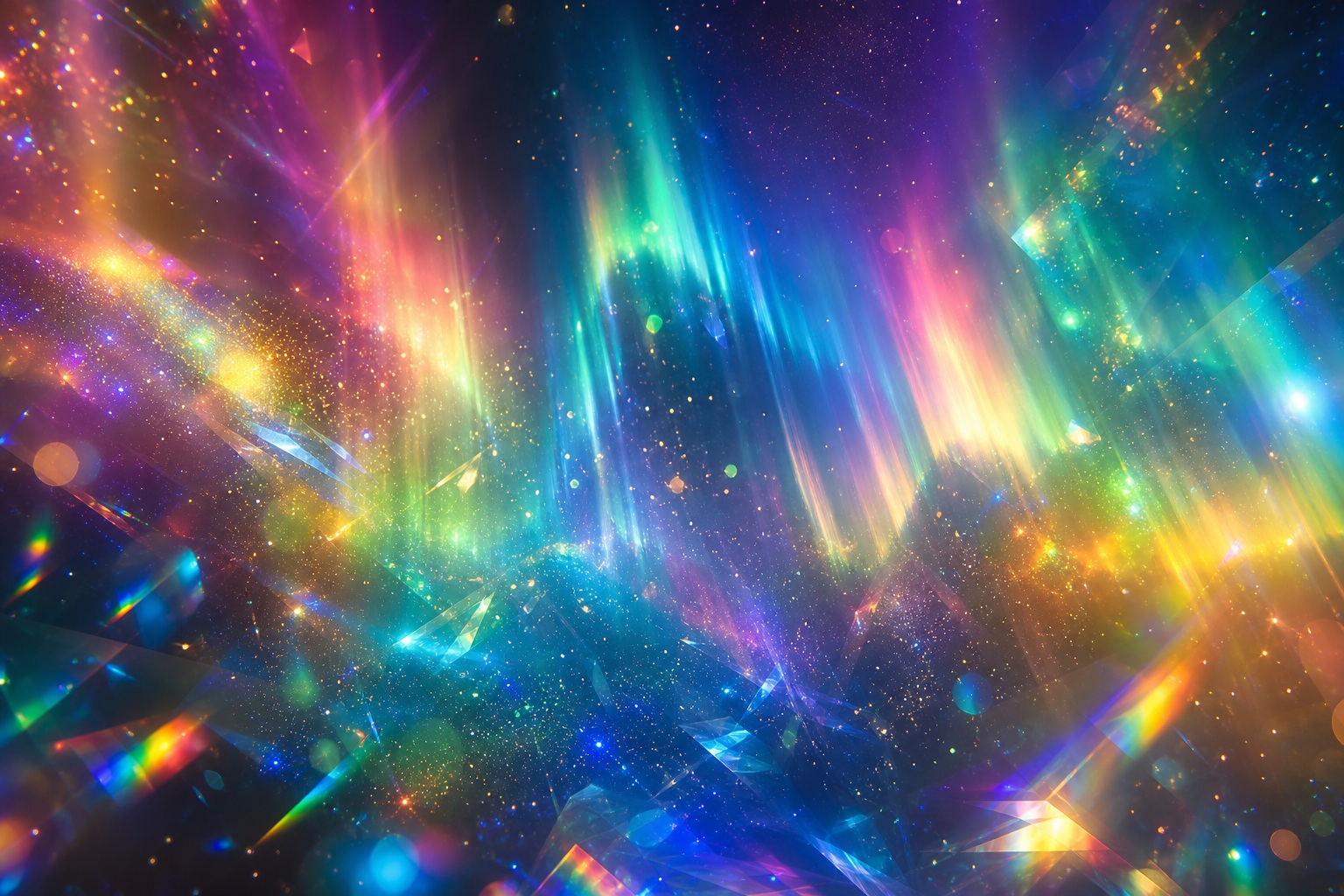 Colorful rainbow prism light streaks and glowing caustics on a dark background