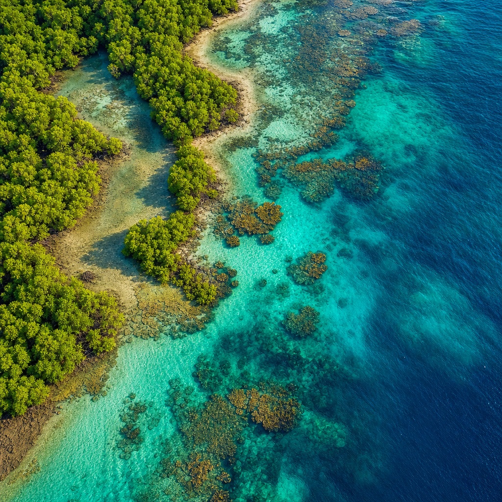 Aerial view of turquoise tropical water beside a dense mangrove shoreline.