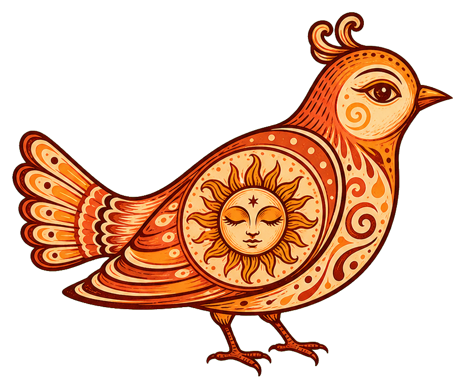 Decorative orange sun bird with a sun face in its body and tail feathers