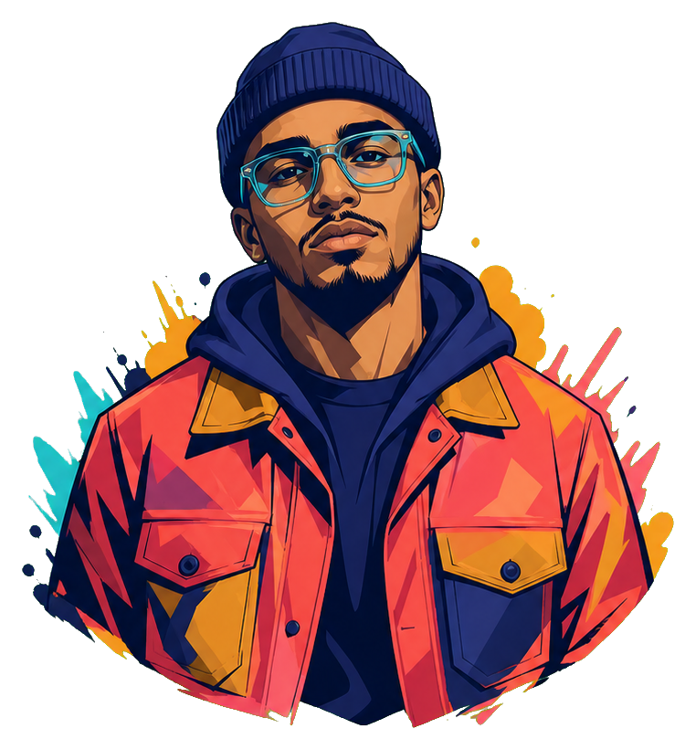 Colorful hip hop style portrait of a man in glasses and a jacket illustration.