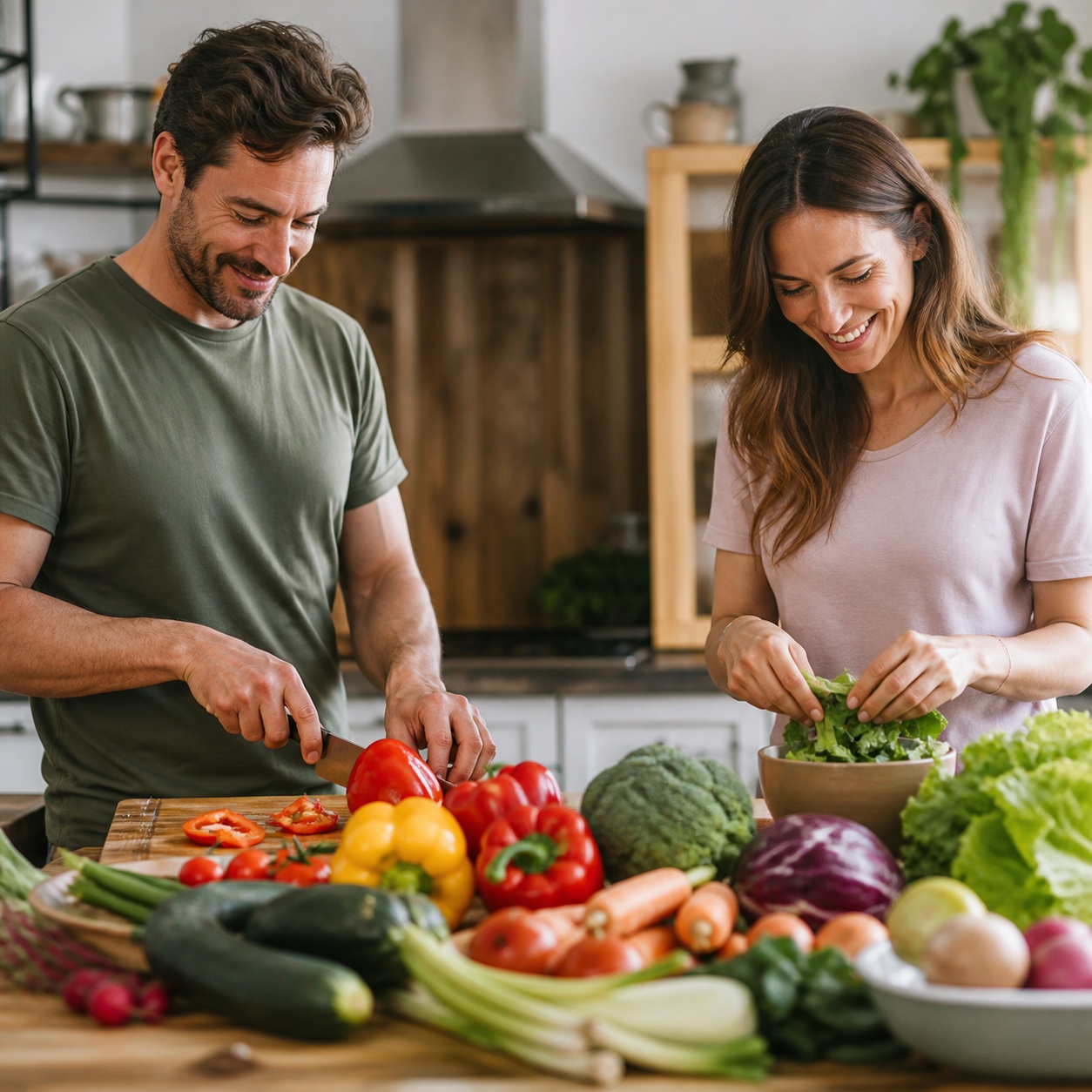 A smiling couple prepares fresh vegetables together in a bright kitchen
