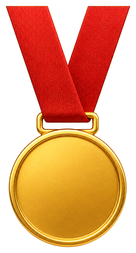 Gold medal with a red ribbon on a transparent background.