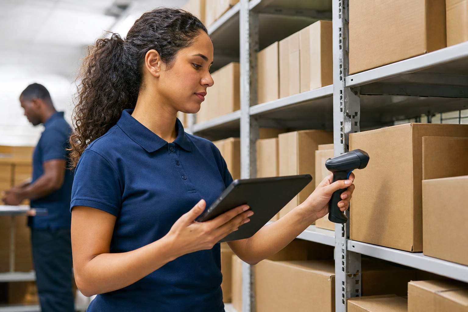 Woman scanning a box in a warehouse aisle while another worker stands in the background.