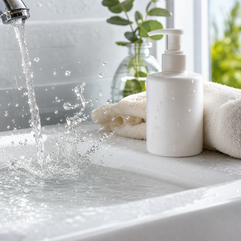 Water splashing into a white sink beside a lotion bottle and rolled towel