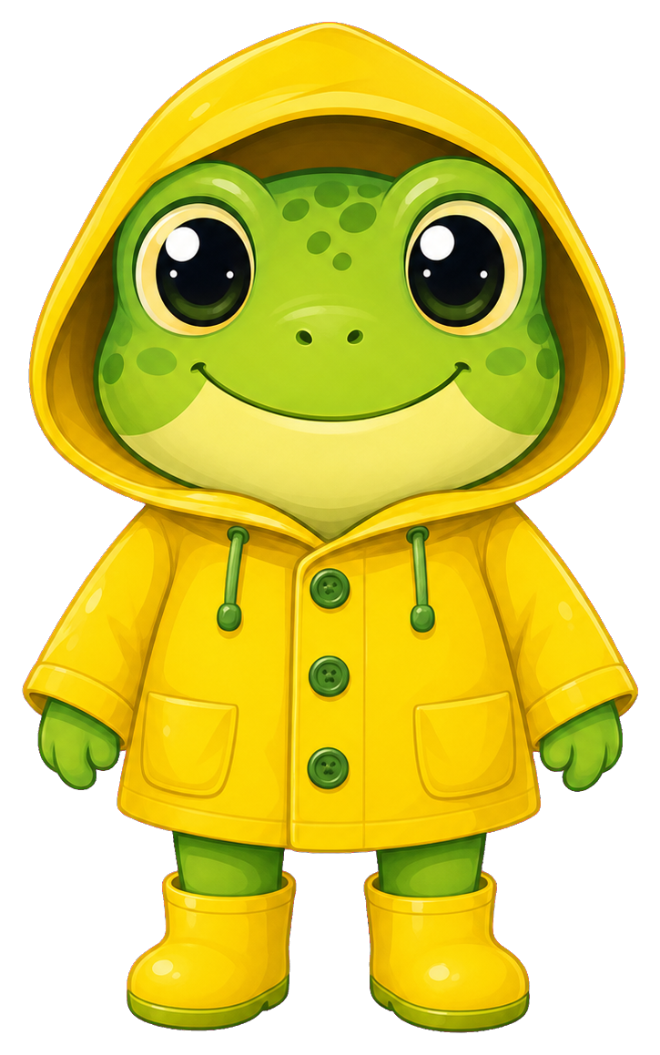 Cute green frog wearing a yellow raincoat and matching boots