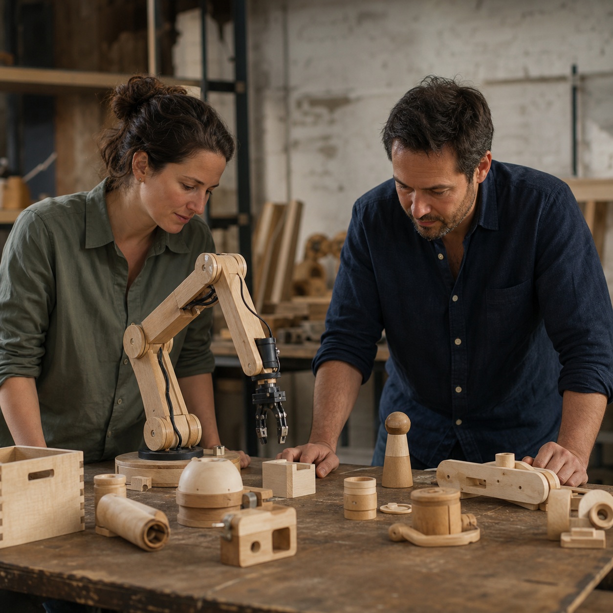 Two people leaning over a workbench with wooden tools and small objects in a studio.