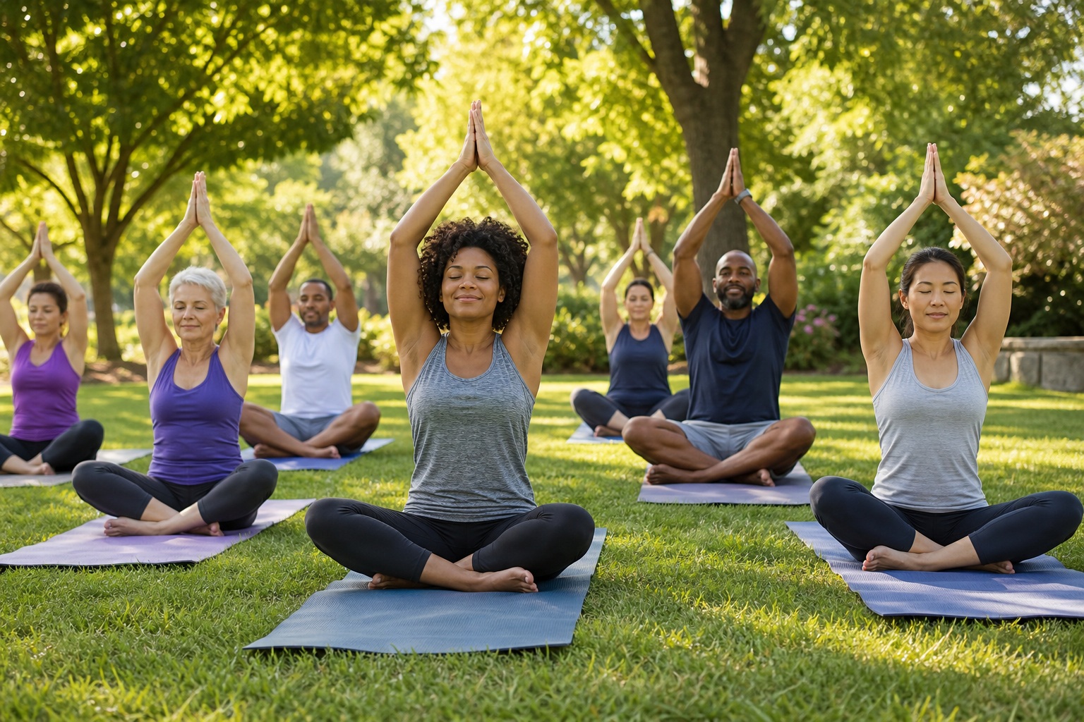 Group of people doing yoga on mats outdoors on a sunny lawn