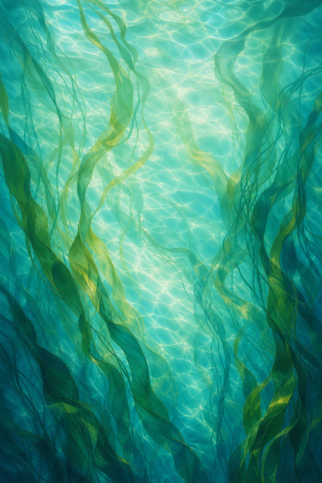 Flowing green and blue kelp-like strands over a glowing water texture