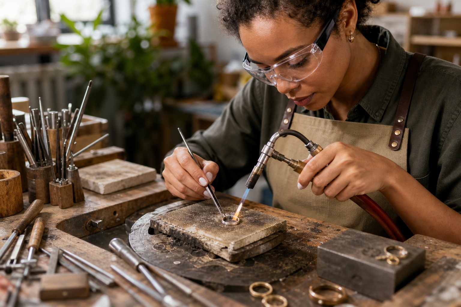 Person shaping jewelry at a cluttered workbench with tools, stones, and metal supplies.