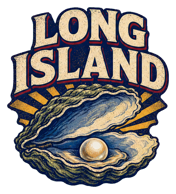 Retro Long Island text above an illustrated oyster shell with a pearl.