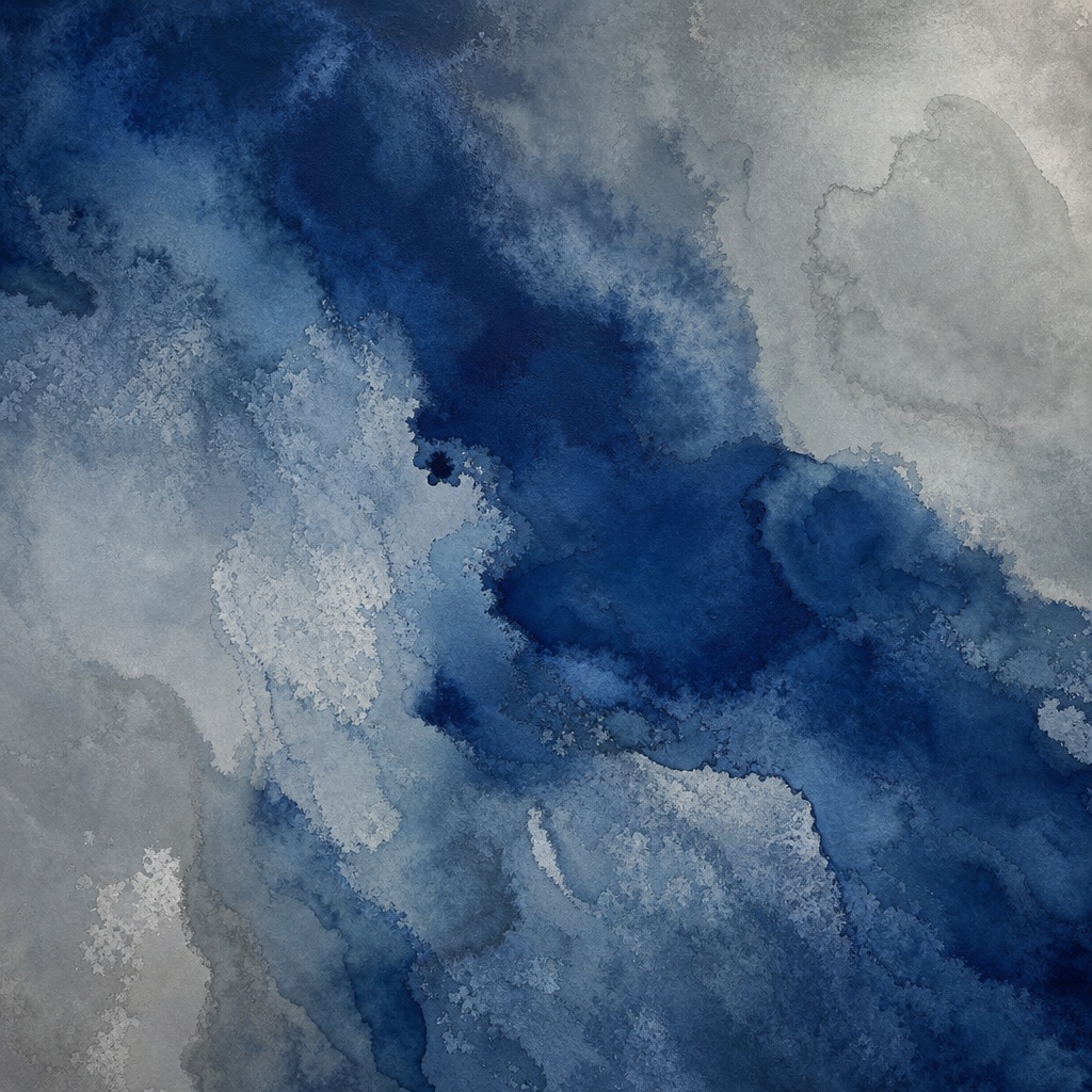 Blue and gray abstract ink wash texture with soft layered pigment and cloudy edges