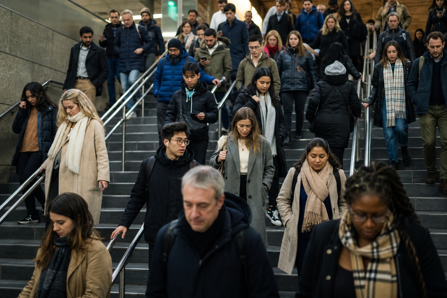 Crowded station stairs with commuters walking up and down in a candid urban transit scene.