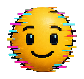 Yellow smiling face emoji with horizontal glitch lines and pixelated distortion.